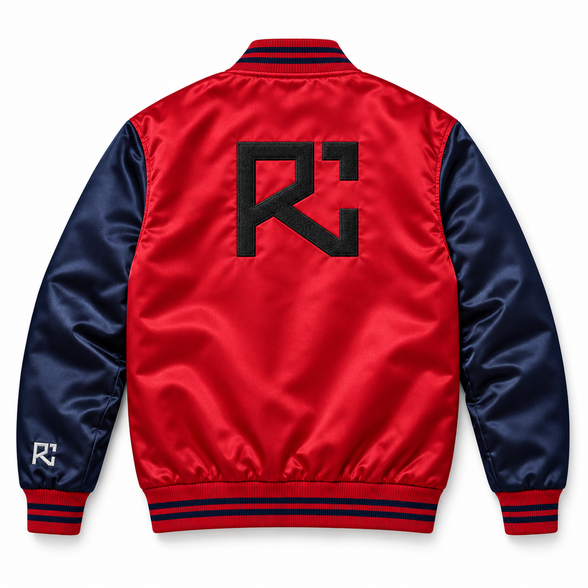 Back design preview of the Riz Core Redline Web varsity jacket in red and navy