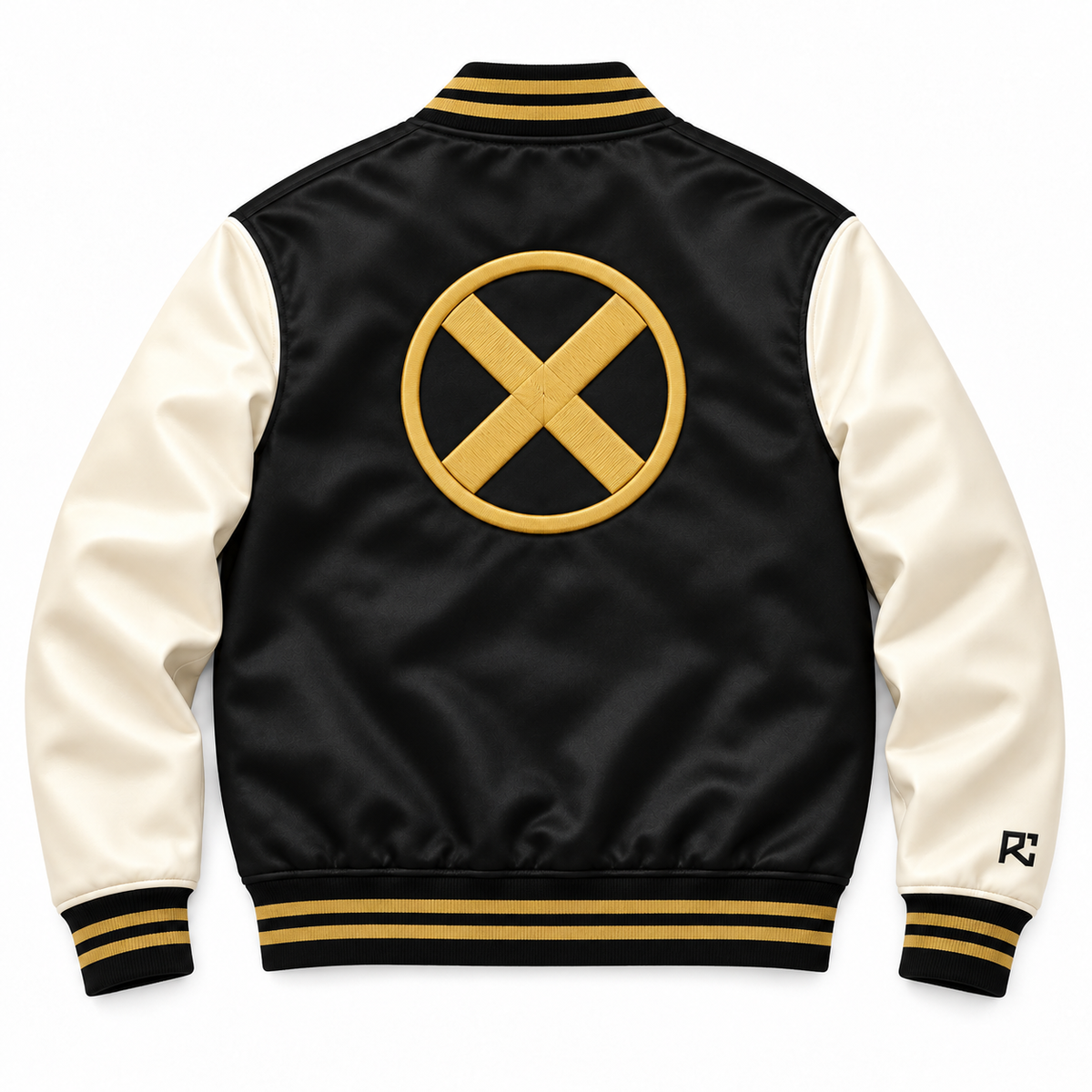 Back design preview of the Riz Core Gilded Cross varsity jacket in black and ivory