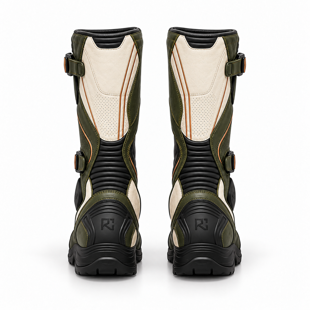Riz Core Strada motorcycle boots in Ivory & Olive, back design preview