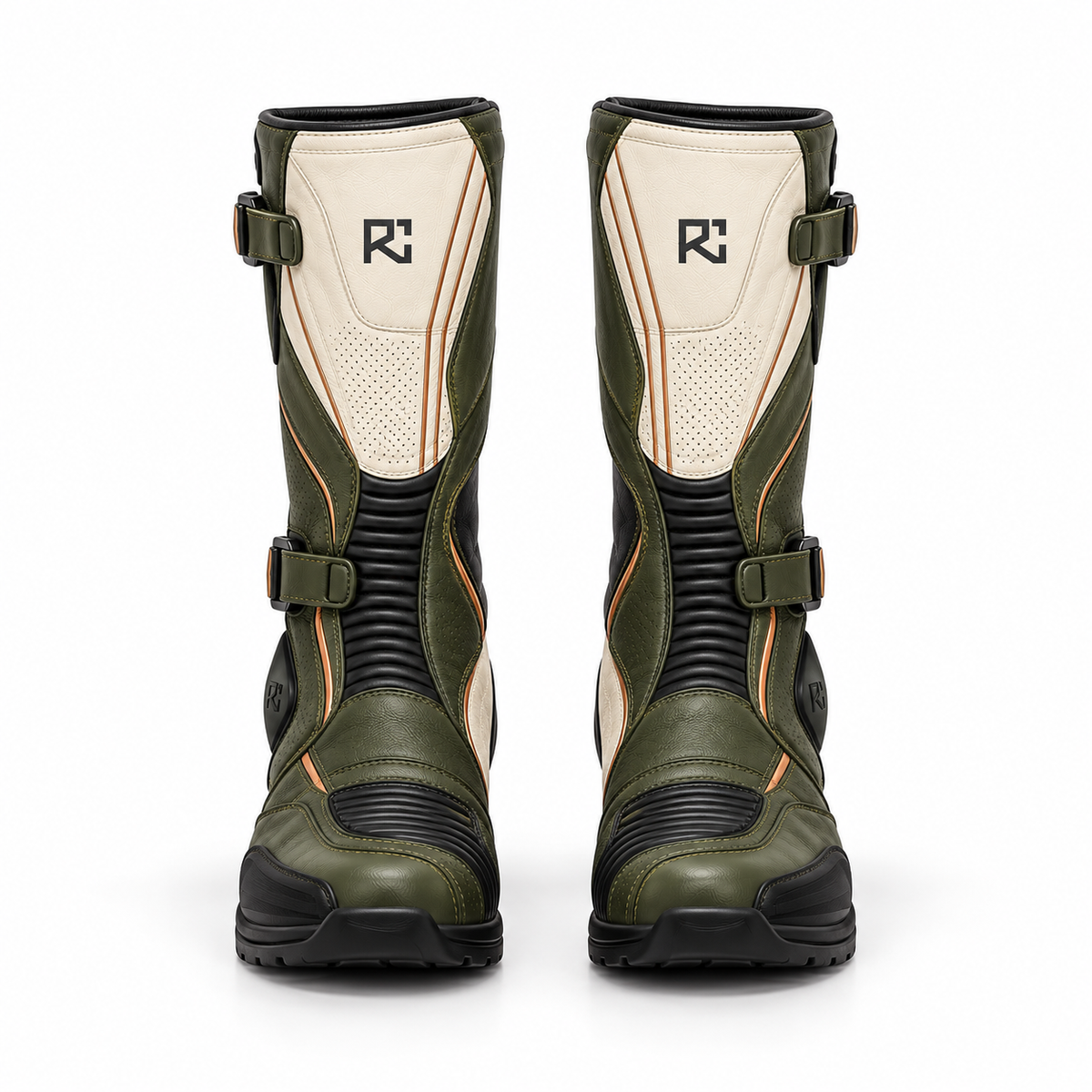 Riz Core Strada motorcycle boots in Ivory & Olive, front design preview