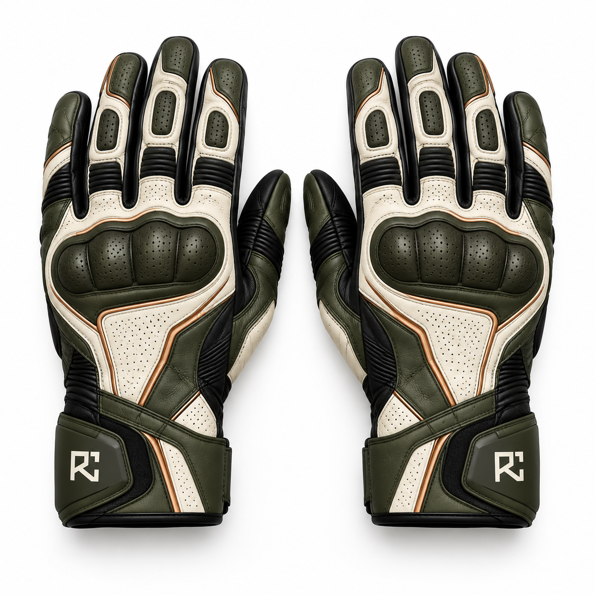 Riz Core Strada motorcycle gloves in Ivory & Olive, knuckle design preview