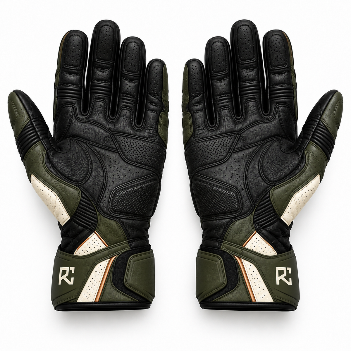 Riz Core Strada motorcycle gloves in Ivory & Olive, palm design preview
