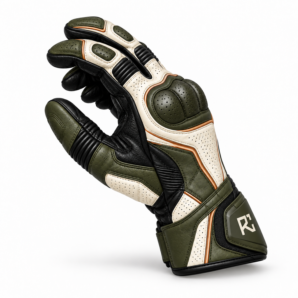 Riz Core Strada motorcycle gloves in Ivory & Olive, side design preview