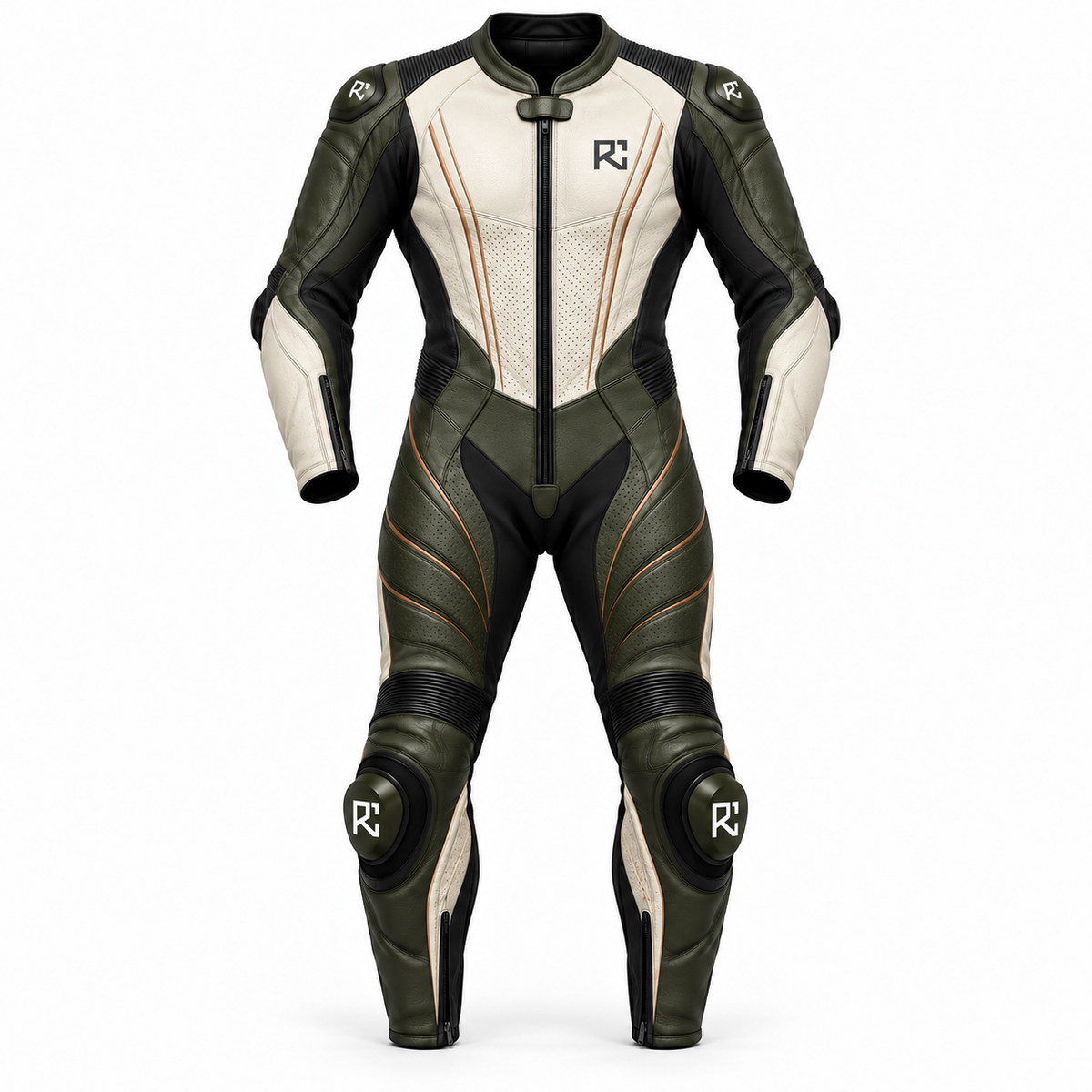 Riz Core Strada motorcycle suit in Ivory & Olive, front design preview