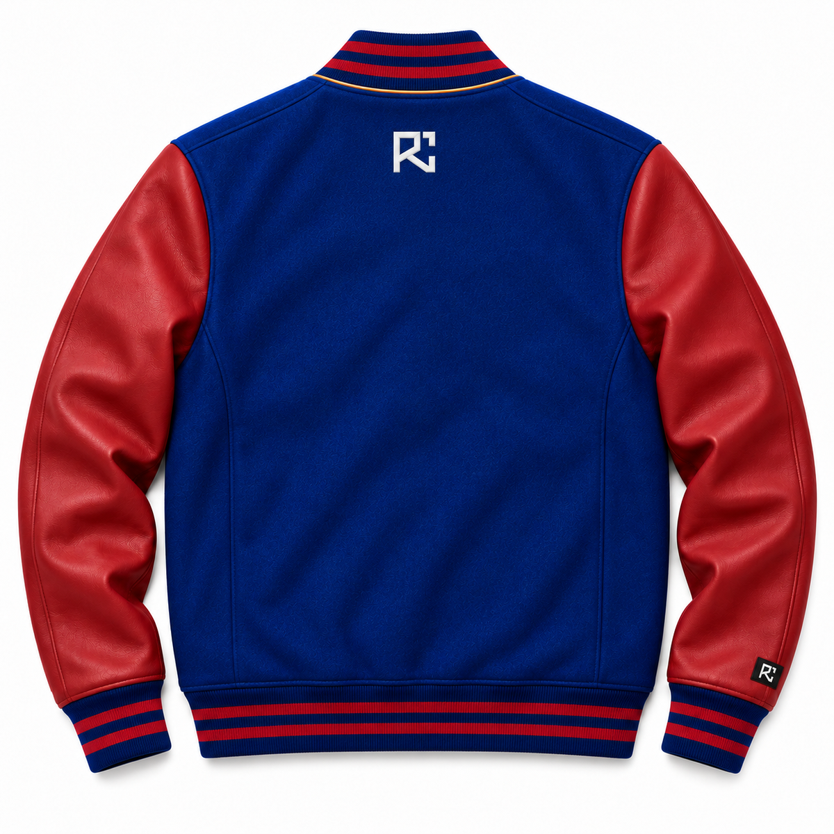 Back design preview of the Riz Core Cobalt Crimson varsity jacket in blue and crimson