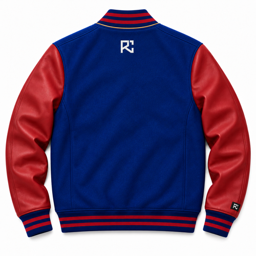 Back design preview of the Riz Core Cobalt Crimson varsity jacket in blue and crimson