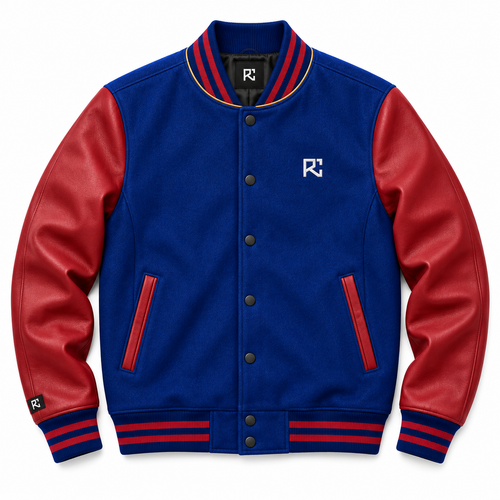 Front design preview of the Riz Core Cobalt Crimson varsity jacket in blue and crimson