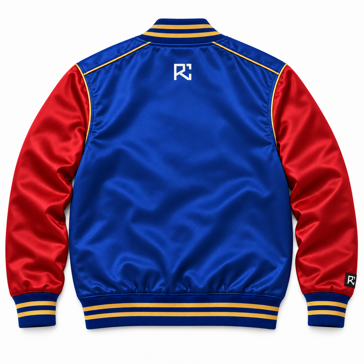 Back design preview of the Riz Core Royal Crest varsity jacket in royal blue and red