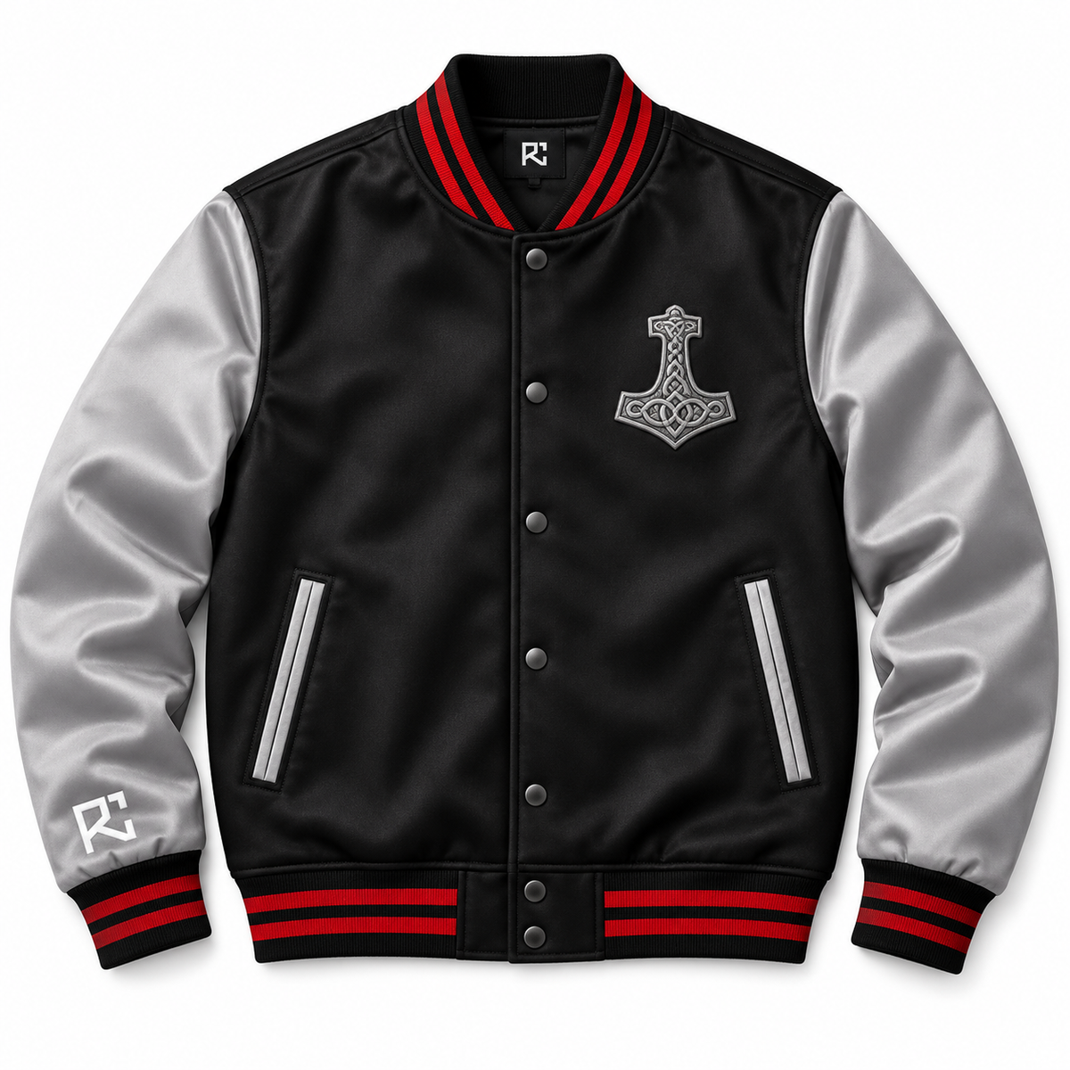 Front design preview of the Riz Core Storm Forge varsity jacket in black and silver