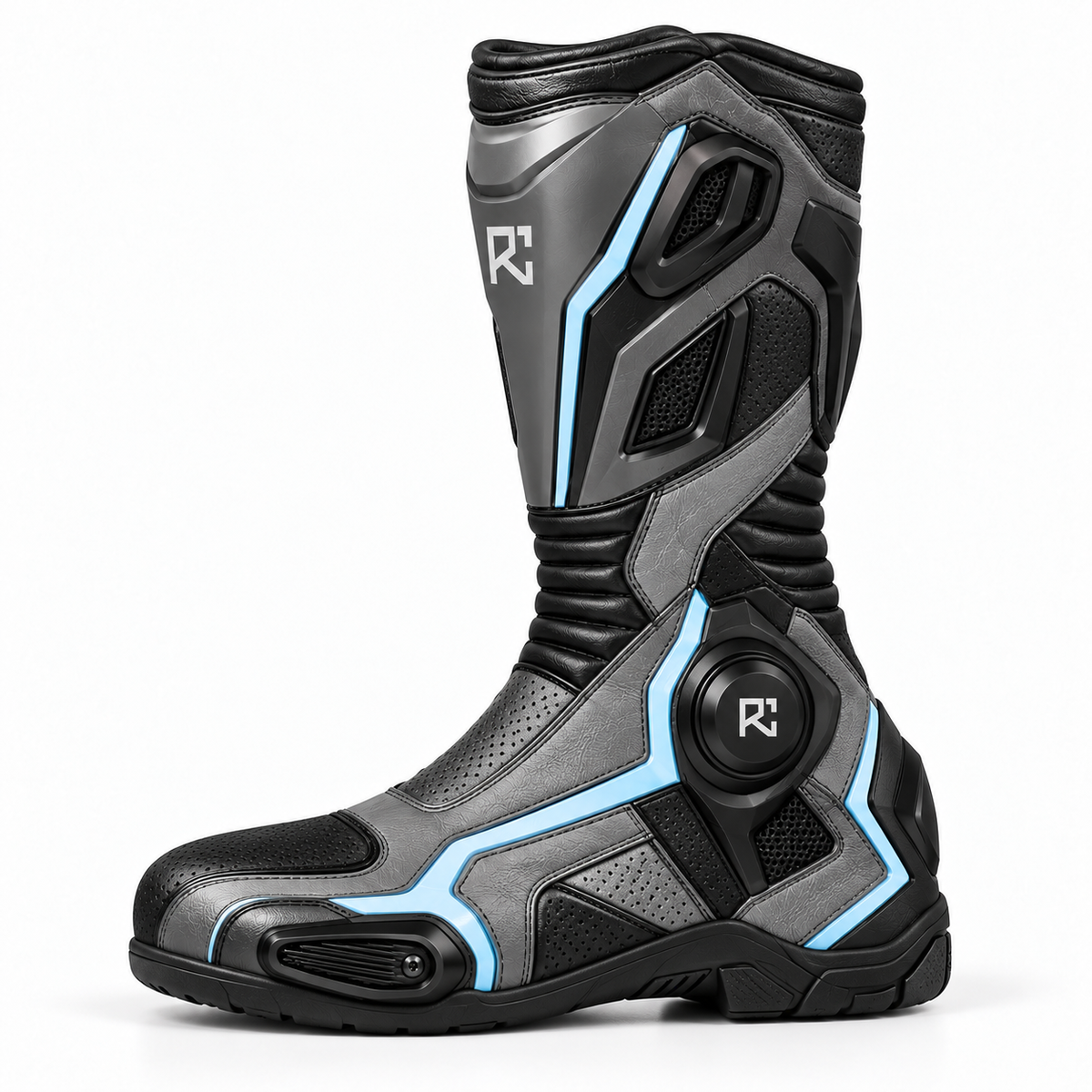 Riz Core Torque motorcycle boots in Graphite & Ice Blue, side design preview