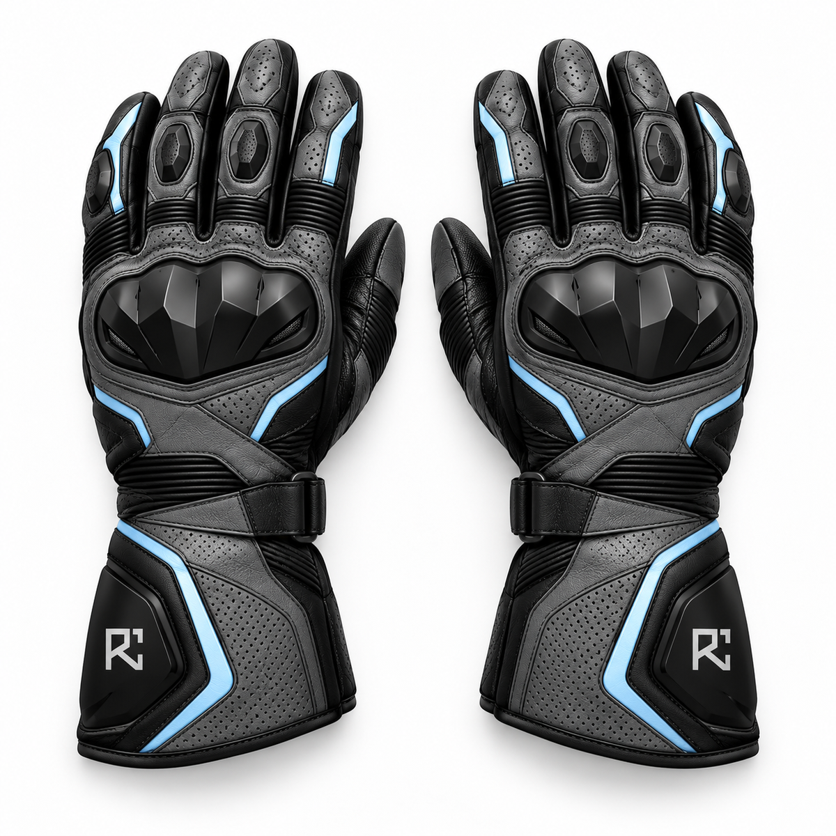 Riz Core Torque motorcycle gloves in Graphite & Ice Blue, knuckle design preview