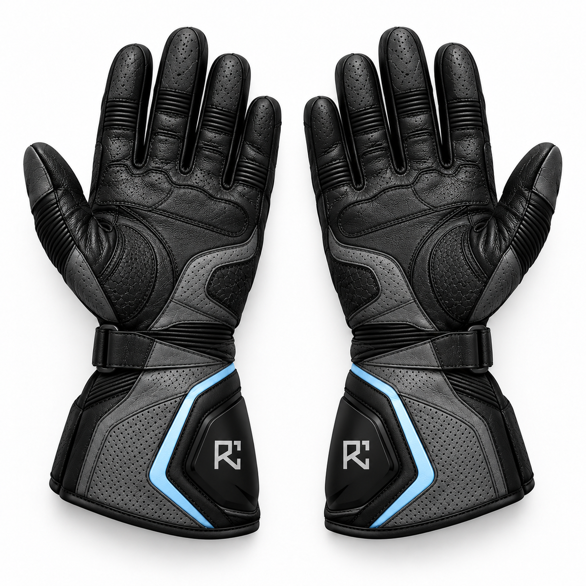 Riz Core Torque motorcycle gloves in Graphite & Ice Blue, palm design preview