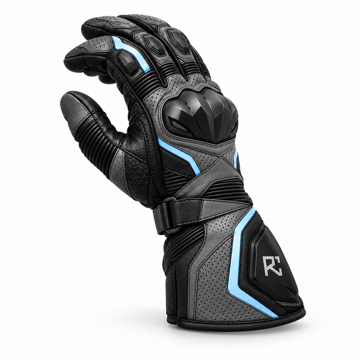 Riz Core Torque motorcycle gloves in Graphite & Ice Blue, side design preview
