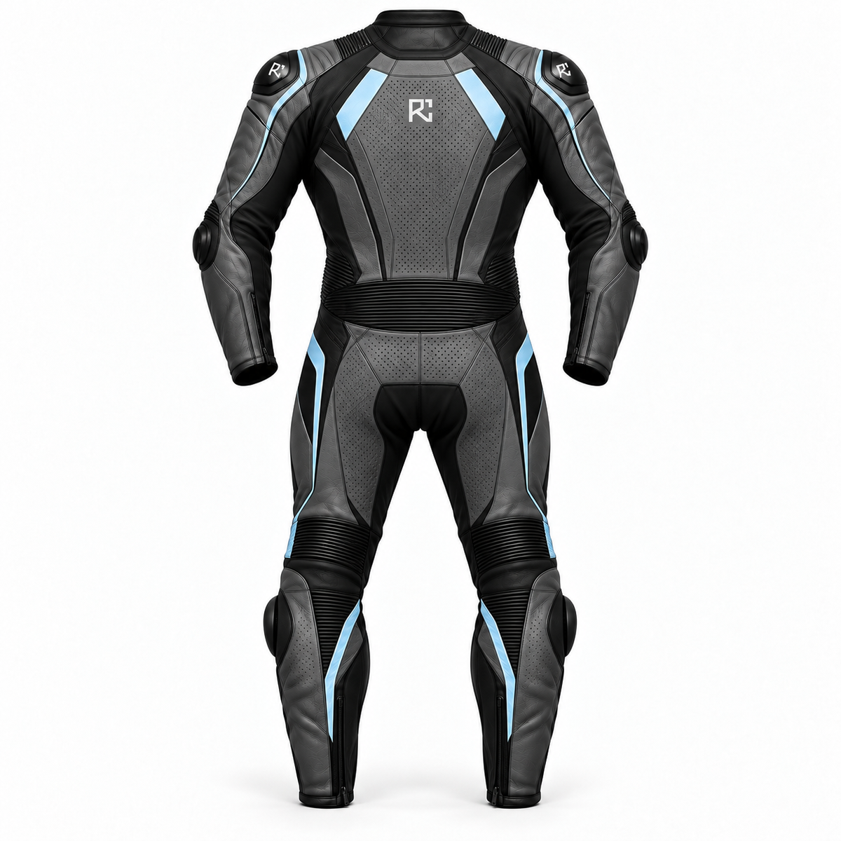 Riz Core Torque motorcycle suit in Graphite & Ice Blue, back design preview