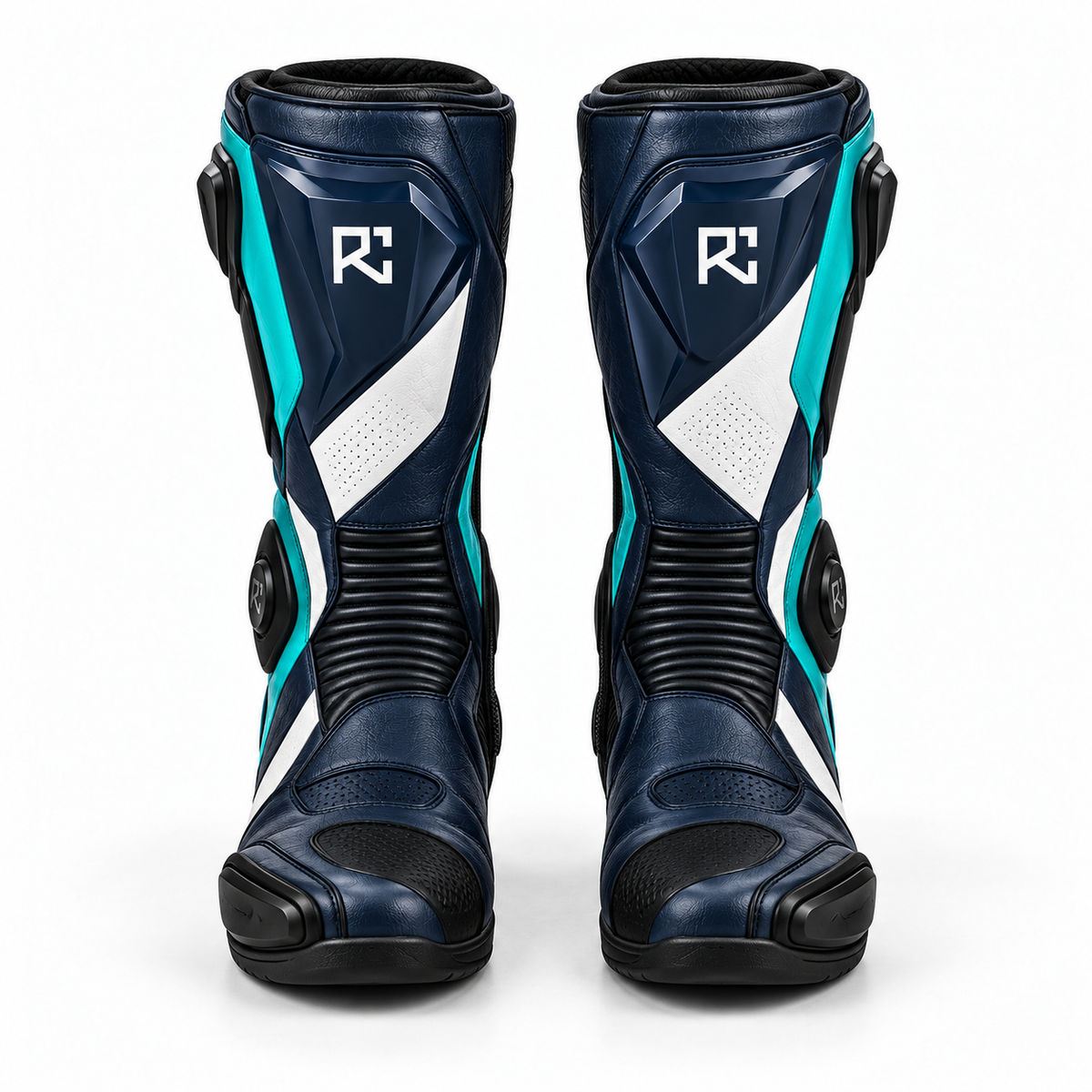 Riz Core Vector motorcycle boots in Navy, Teal & White, front design preview