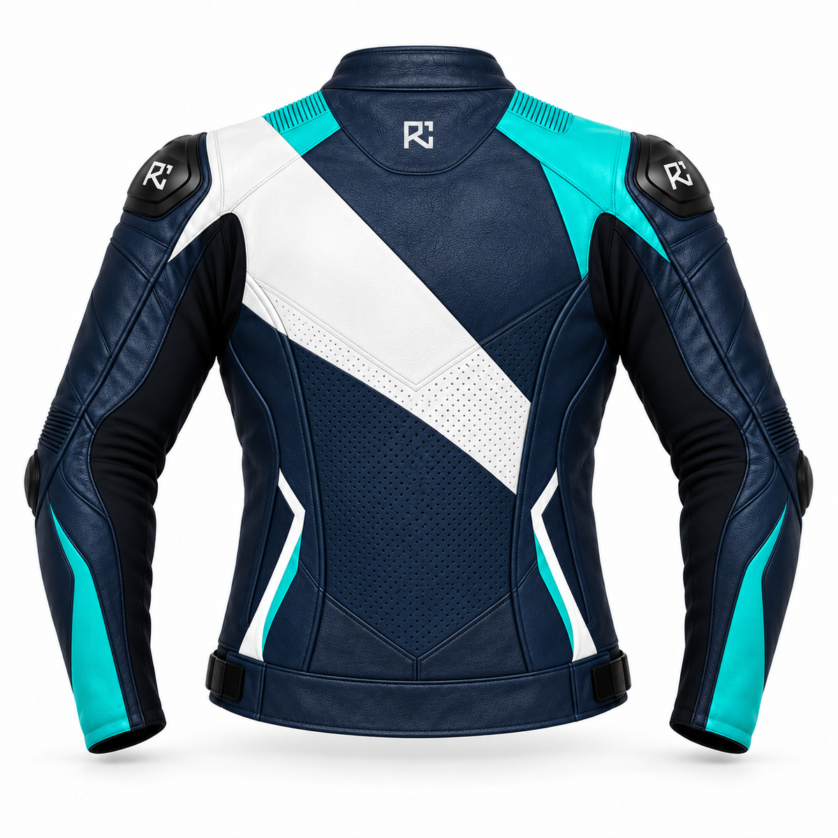 Riz Core Vector motorcycle jacket in Navy, Teal & White, back design preview