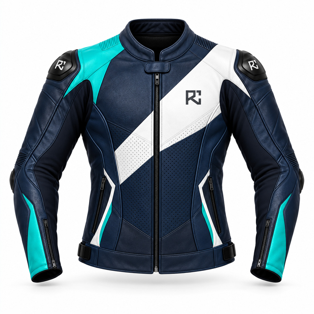Riz Core Vector motorcycle jacket in Navy, Teal & White, front design preview