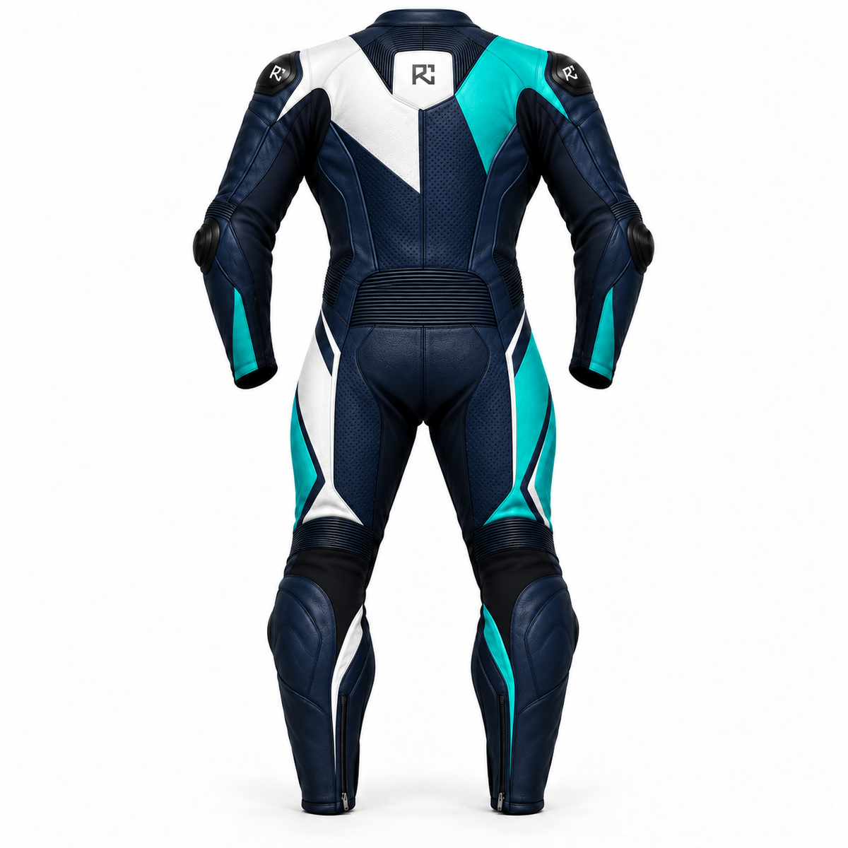 Riz Core Vector motorcycle suit in Navy, Teal & White, back design preview