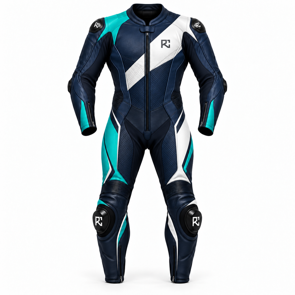 Riz Core Vector motorcycle suit in Navy, Teal & White, front design preview