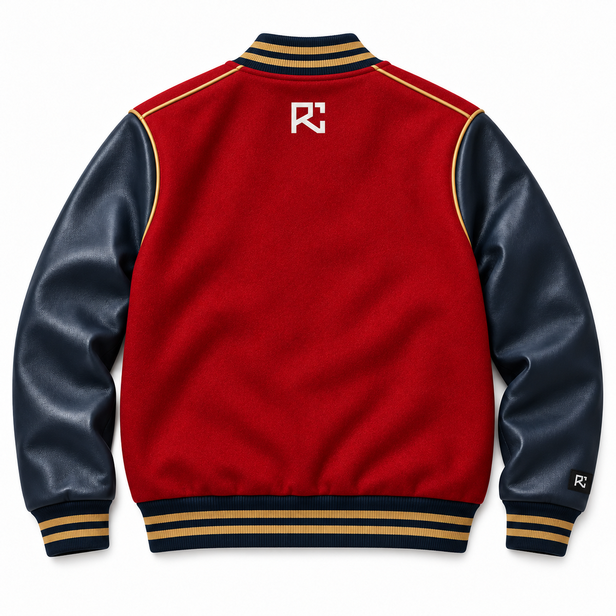 Back design preview of the Riz Core Ruby Navy varsity jacket in red and navy